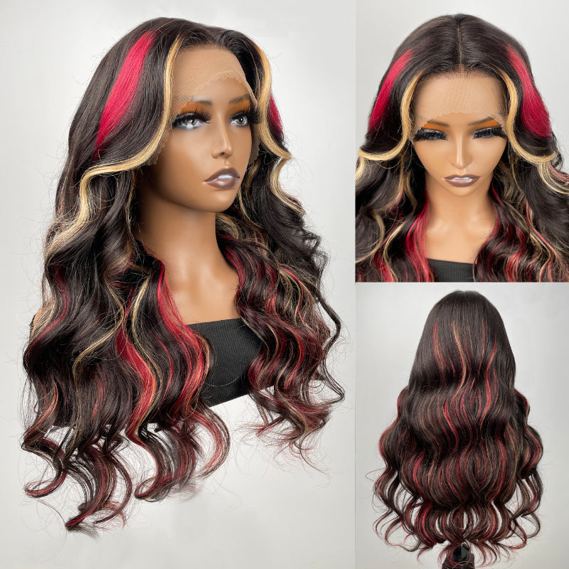 Sunber 20-Inch Black Hair With Blonde Red Highlights Body Wave 7*5 Pre Cut Lace Wig With Multi Color Highlights Human Hair