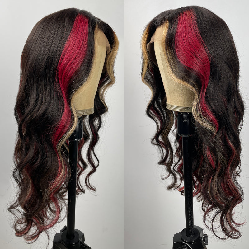 Sunber 20-Inch Black Hair With Blonde Red Highlights Body Wave 7*5 Pre Cut Lace Wig With Multi Color Highlights Human Hair