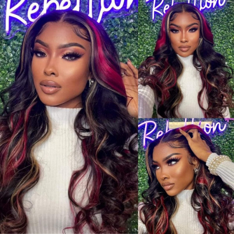 Sunber 20-Inch Black Hair With Blonde Red Highlights Body Wave 7*5 Pre Cut Lace Wig With Multi Color Highlights Human Hair