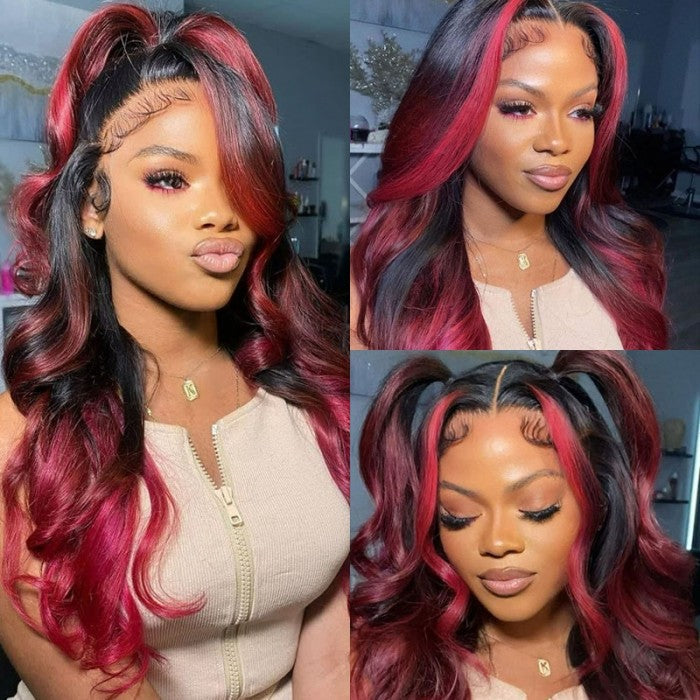 Sunber 24-Inch Dark Burgundy With Rose Red Highlights Loose Wave 13x4 Lace Front Human Hair Wig