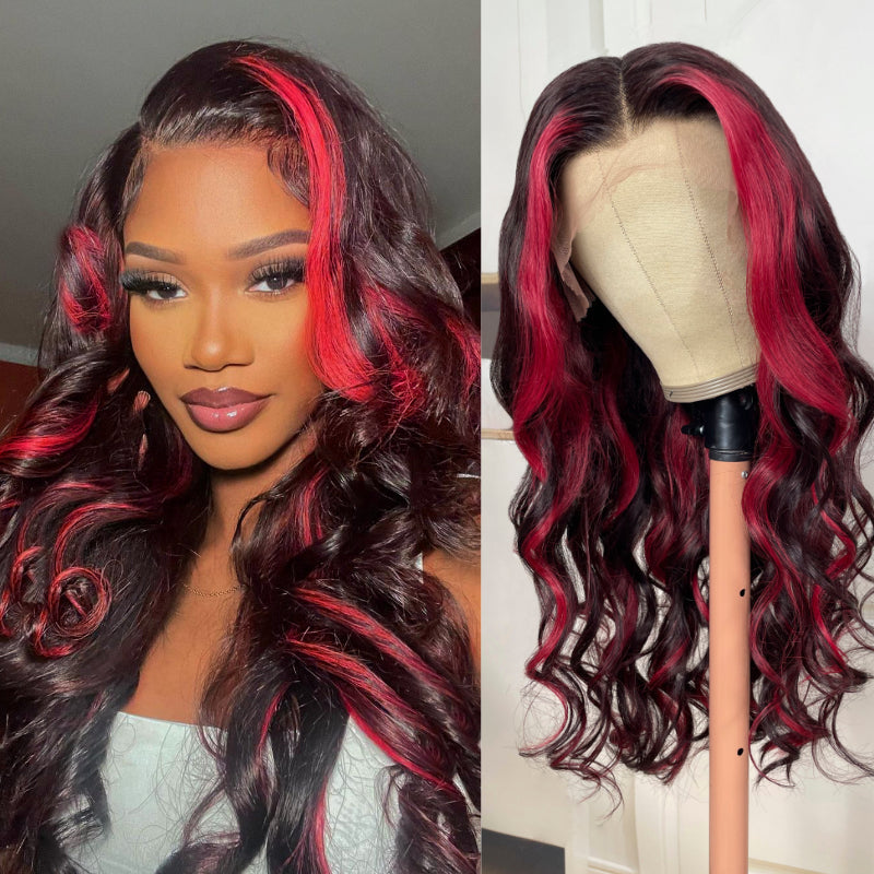 Sunber 24-Inch Dark Burgundy With Rose Red Highlights Loose Wave 13x4 Lace Front Human Hair Wig