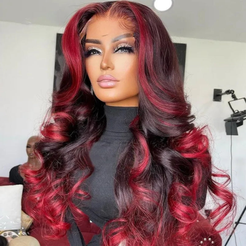 Sunber 24-Inch Dark Burgundy With Rose Red Highlights Loose Wave 13x4 Lace Front Human Hair Wig