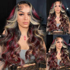 Sunber 20-Inch Black Hair With Blonde Red Highlights Body Wave 7*5 Pre Cut Lace Wig With Multi Color Highlights Human Hair