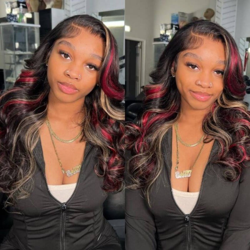 Sunber 20-Inch Black Hair With Blonde Red Highlights Body Wave 7*5 Pre Cut Lace Wig With Multi Color Highlights Human Hair