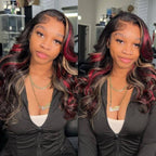 Sunber 20-Inch Black Hair With Blonde Red Highlights Body Wave 7*5 Pre Cut Lace Wig With Multi Color Highlights Human Hair