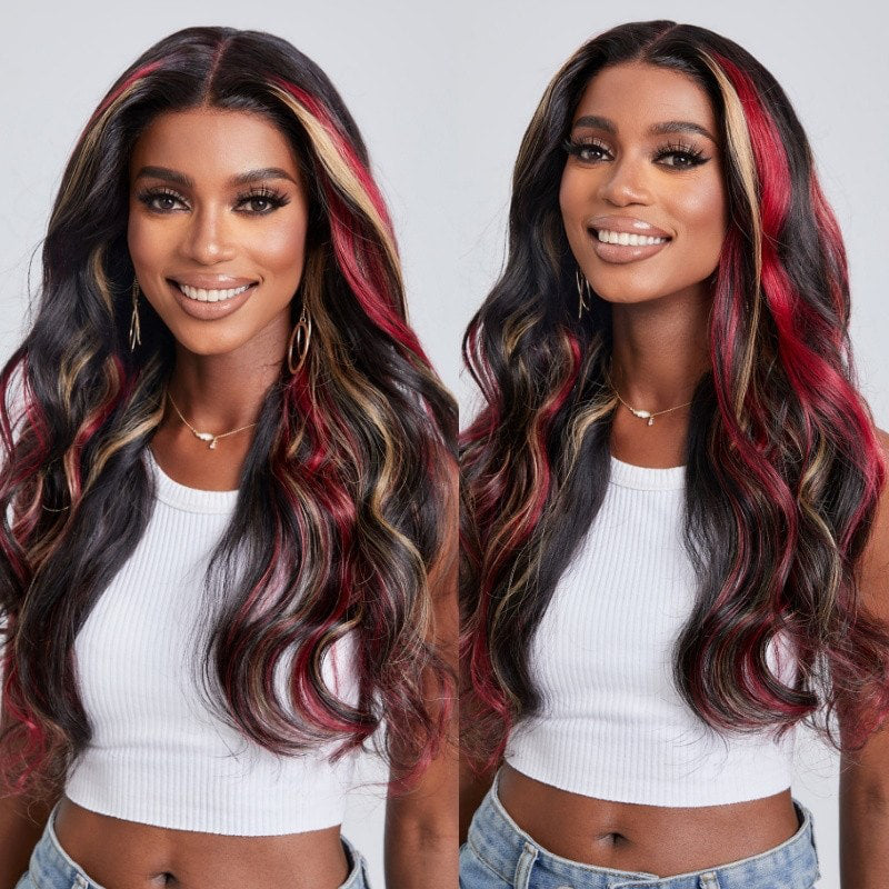 Sunber 20-Inch Black Hair With Blonde Red Highlights Body Wave 7*5 Pre Cut Lace Wig With Multi Color Highlights Human Hair