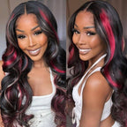 Sunber 20-Inch Black Hair With Blonde Red Highlights Body Wave 7*5 Pre Cut Lace Wig With Multi Color Highlights Human Hair
