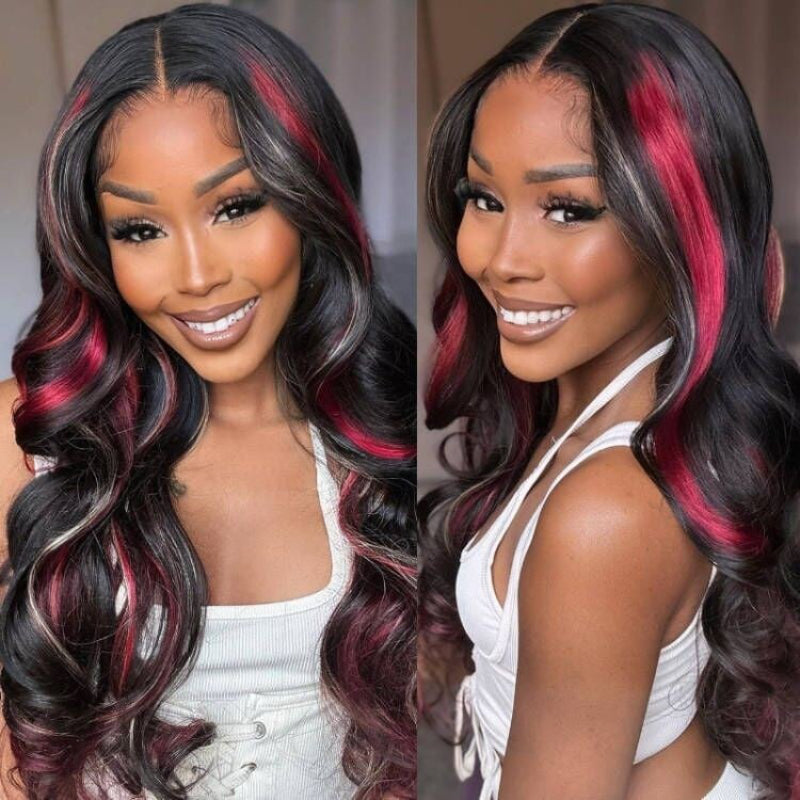 Sunber 20-Inch Black Hair With Blonde Red Highlights Body Wave 7*5 Pre Cut Lace Wig With Multi Color Highlights Human Hair