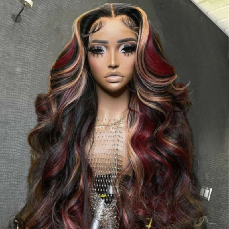 Sunber 20-Inch Black Hair With Blonde Red Highlights Body Wave 7*5 Pre Cut Lace Wig With Multi Color Highlights Human Hair