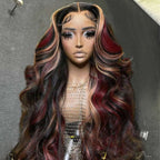 Sunber 20-Inch Black Hair With Blonde Red Highlights Body Wave 7*5 Pre Cut Lace Wig With Multi Color Highlights Human Hair