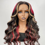 Sunber 20-Inch Black Hair With Blonde Red Highlights Body Wave 7*5 Pre Cut Lace Wig With Multi Color Highlights Human Hair