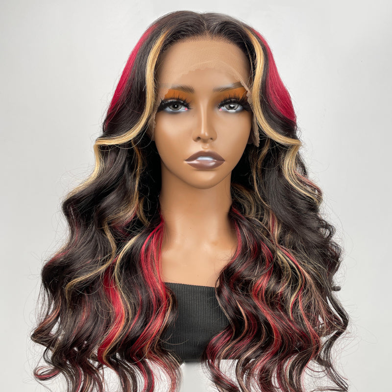 Sunber 20-Inch Black Hair With Blonde Red Highlights Body Wave 7*5 Pre Cut Lace Wig With Multi Color Highlights Human Hair