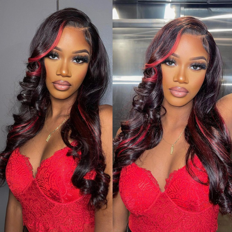 Sunber 24-Inch Dark Burgundy With Rose Red Highlights Loose Wave 13x4 Lace Front Human Hair Wig