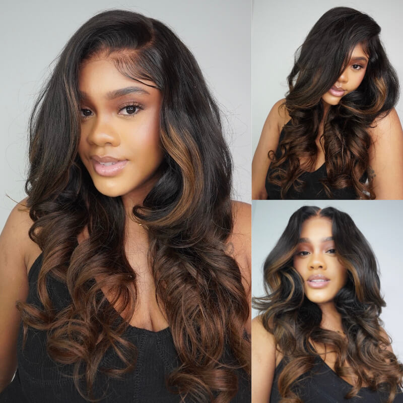 Sunber 7x5 Glueless Lace Black to Chestnut Brown Ombre Loose Wave Wig With Bleached Knots