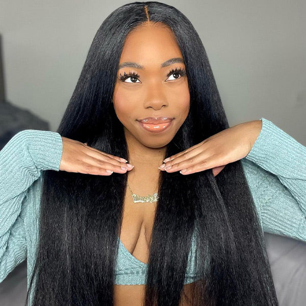 HairHive M-Cap Kinky Straight Pre Cut 9x6 HD Lace Wear Go Glueless Wigs Pre Bleached Tiny Knots Lace Front Wigs