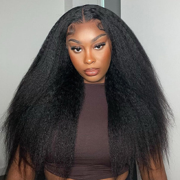 HairHive M-Cap Kinky Straight Pre Cut 9x6 HD Lace Wear Go Glueless Wigs Pre Bleached Tiny Knots Lace Front Wigs