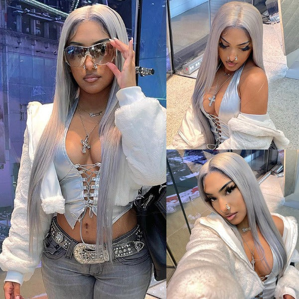 Grey Color Human Hair Wigs Ash Gray Brazilian Straight 13x4 4x4 Lace Front Wigs Preplucked for Women
