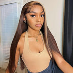 Honey Blonde and Brown Streaks Highlight Wigs Straight 13x4 Lace Front Wig Preplucked with Baby Hair