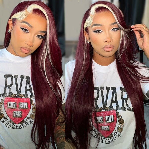 Red Wine and Blonde Skunk Stripe Color Wig Straight 13x4 Lace Front Wig Made of 100% Human Hair