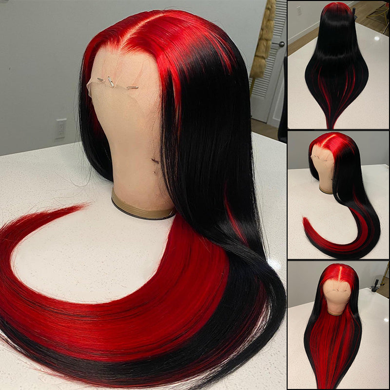 Straight Red and Black Color Wigs Preplucked Human Hair Lace Front Wigs Natural Hairline